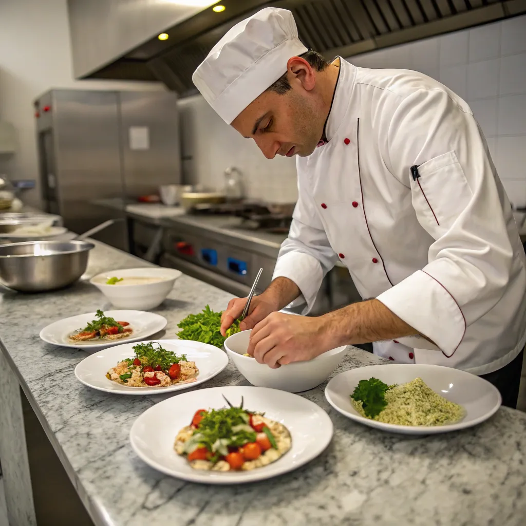 An Italian chef preparing gourmet dishes in a professional kitchen